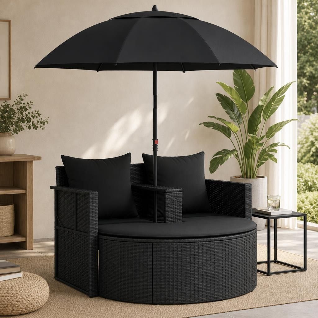 Lettino da Giardino con Ombrellone in Polyrattan Nero