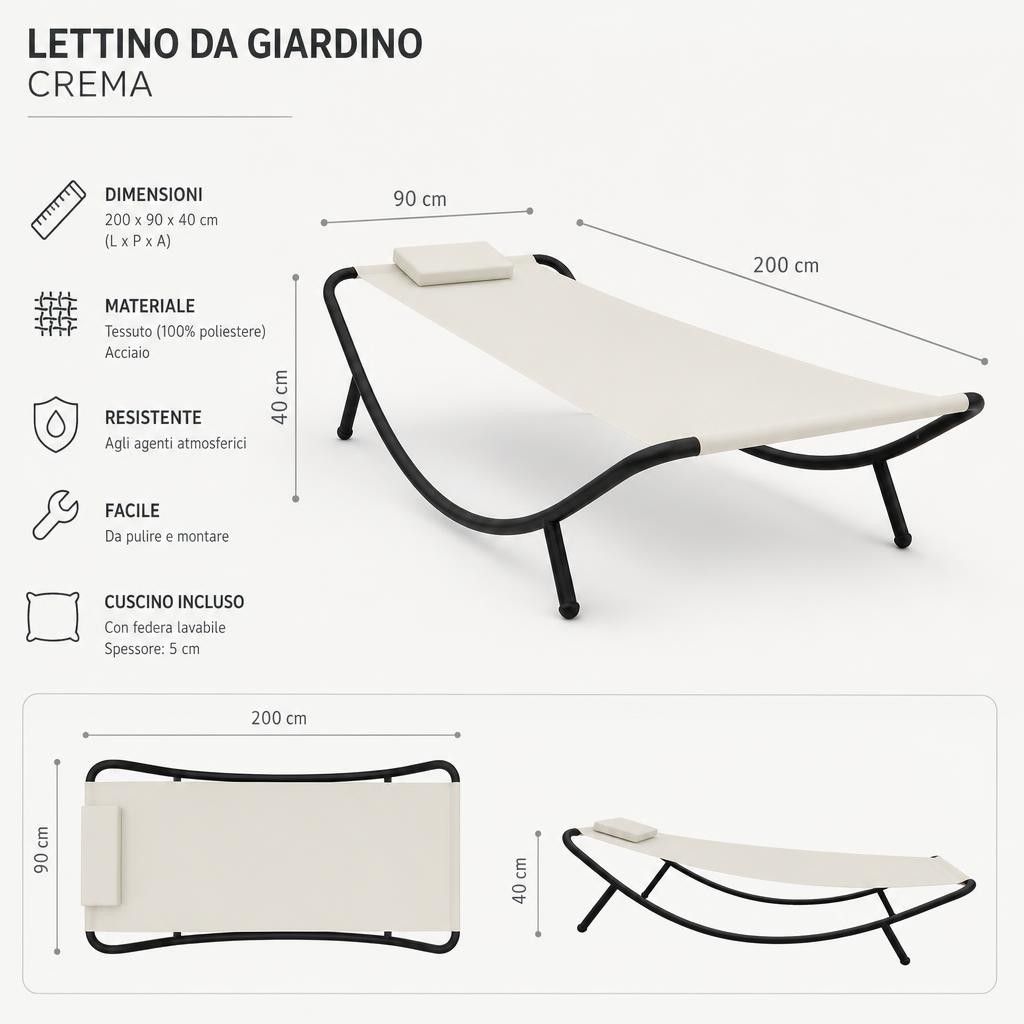 Lettino da Giardino Crema 200x90 cm in Acciaio