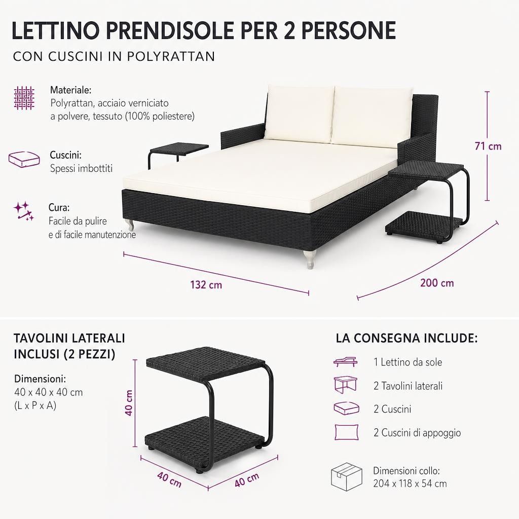 Lettino Prendisole per 2 Persone con Cuscini in Polyrattan Nero