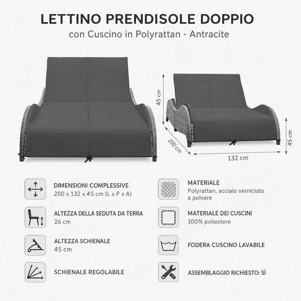 Lettino Prendisole Doppio con Cuscino in Polyrattan Antracite